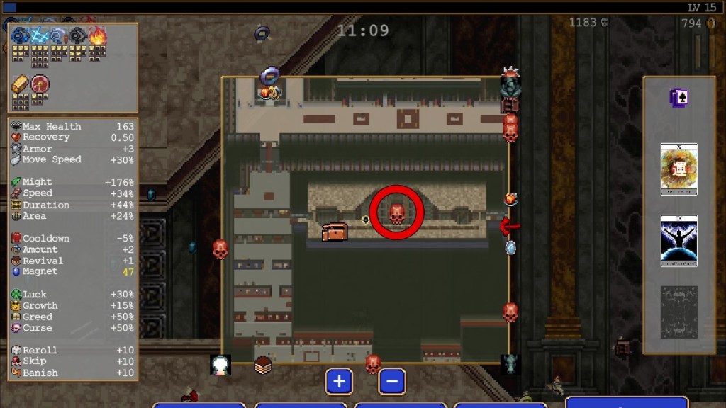 The location of the Doppelganger boss in Vampire Survivors marked on the in-game map