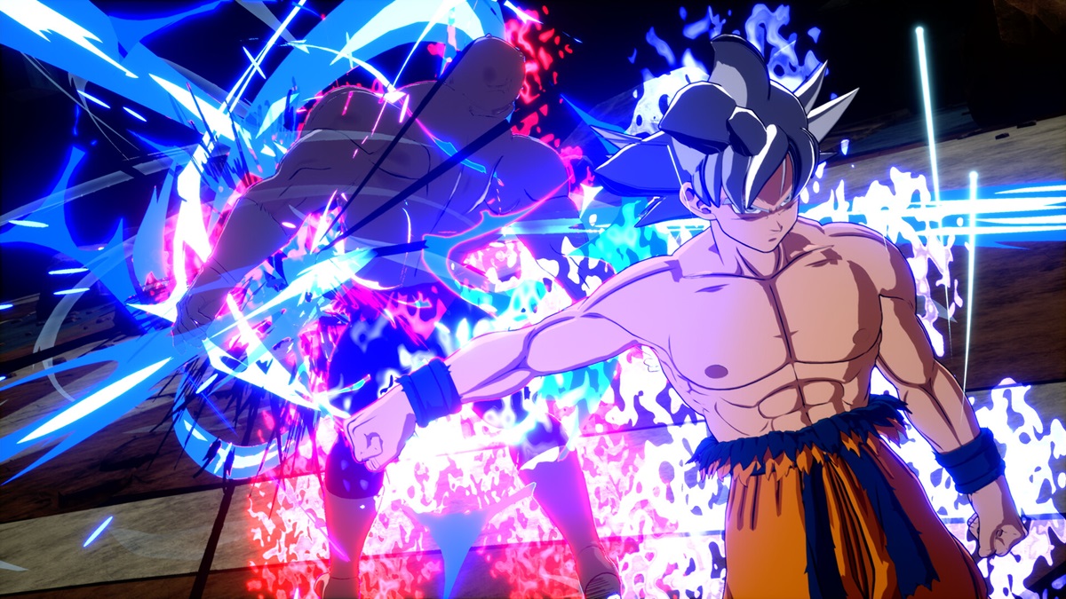 Dragon Ball Sparking Zero - a shirtless fighter walks away from another fighter, red and blue energies swirling around the background fighter