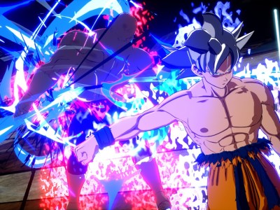 Dragon Ball Sparking Zero - a shirtless fighter walks away from another fighter, red and blue energies swirling around the background fighter