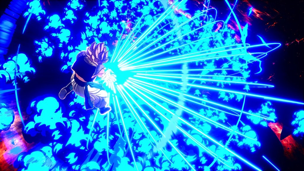 Dragon Ball Sparking Zero - a spiky-haired character fires multiple arcing blue blasts from their hands.