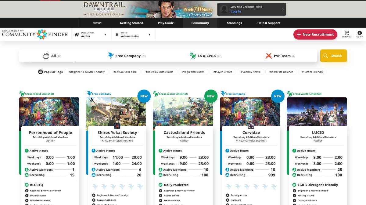 La actualización del buscador de comunidades FFXIV agrega reclutamiento de miembros fundadores