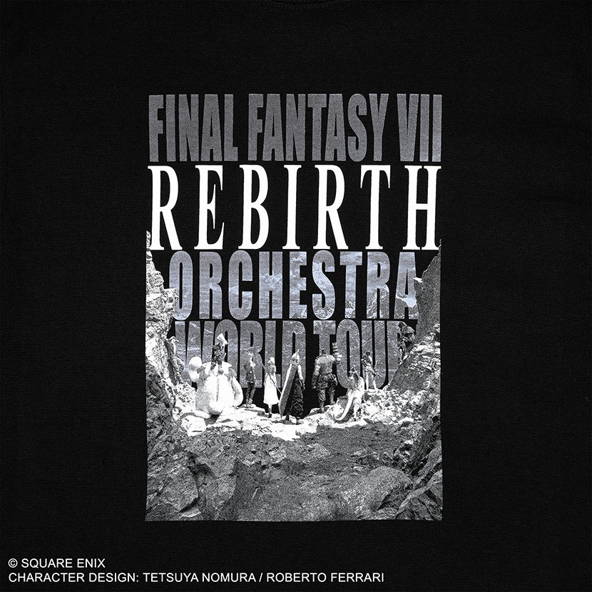 La camiseta de Final Fantasy VII Rebirth Orchestra World Tour presenta a toda la fiesta