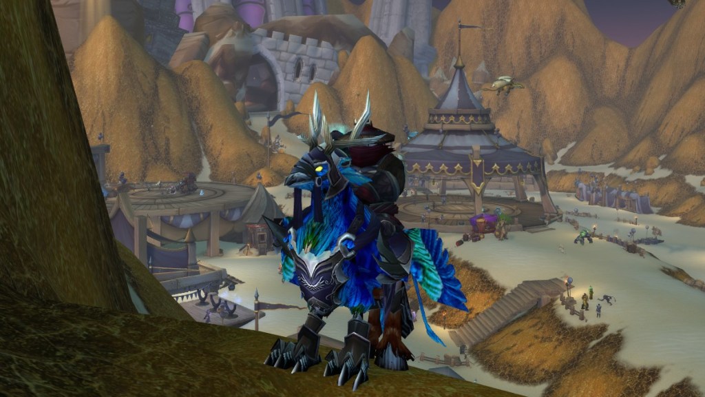 A player riding the Frayfeather Hippogryph mount in World of Warcraft