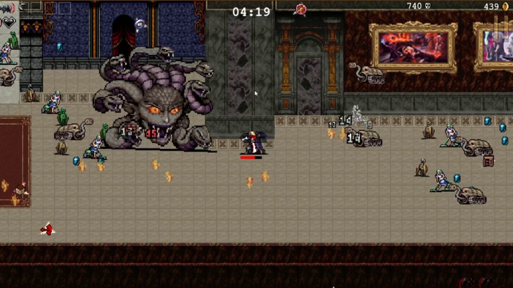 Leon Belmont fighting the Giant Medusa Head to unlock Trevor in Vampire Survivors Ode to Castlevania