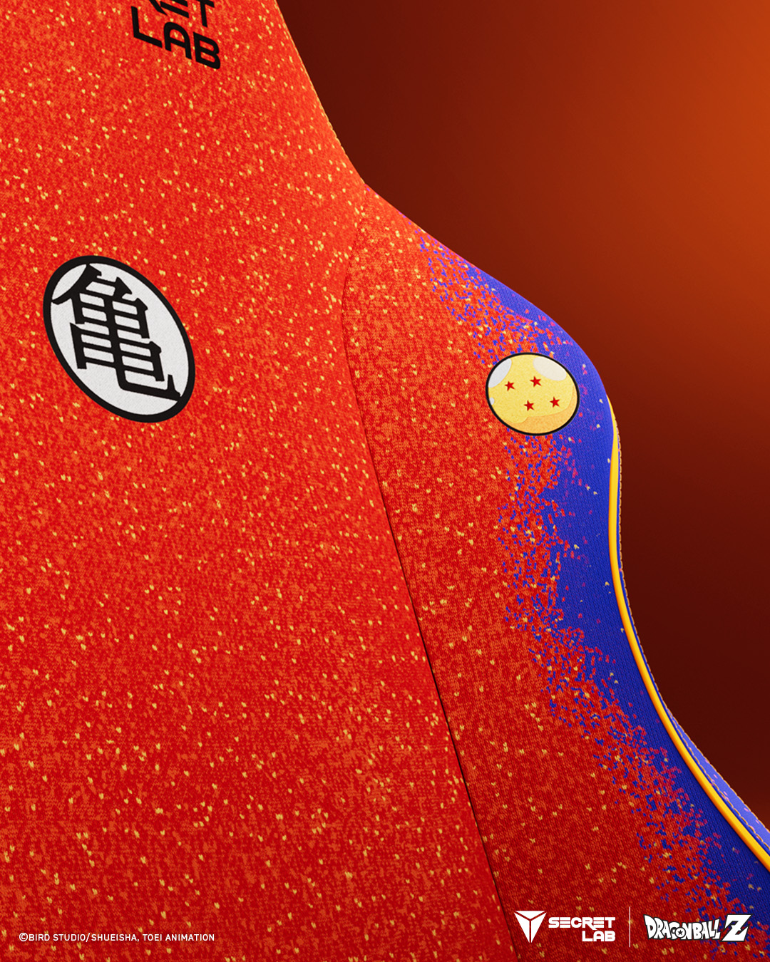 Secretlab Goku Chair color details of the red and blue speckle pattern and the "kame" kanji and a dragonball