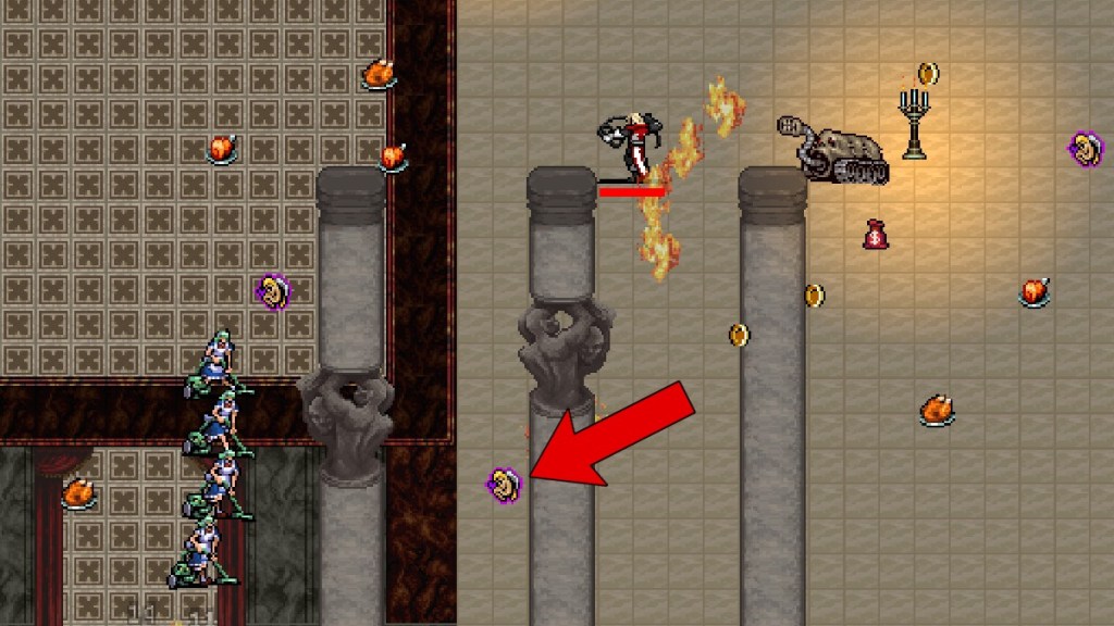 An arrow pointing to the Heart Refresh stage item in Vampire Survivors