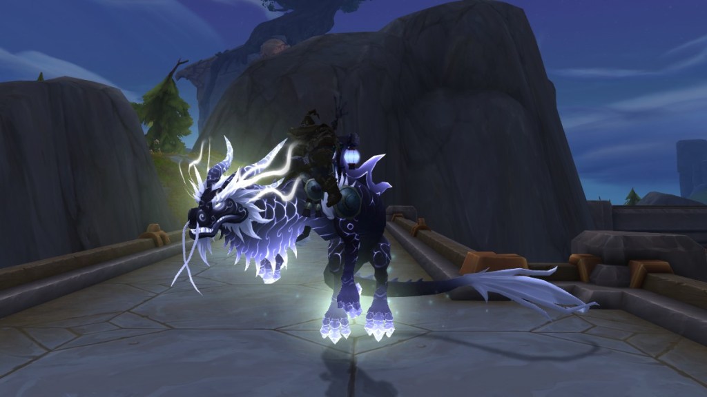 A player riding the Heavenly Onyx Cloud Serpent mount in World of Warcraft