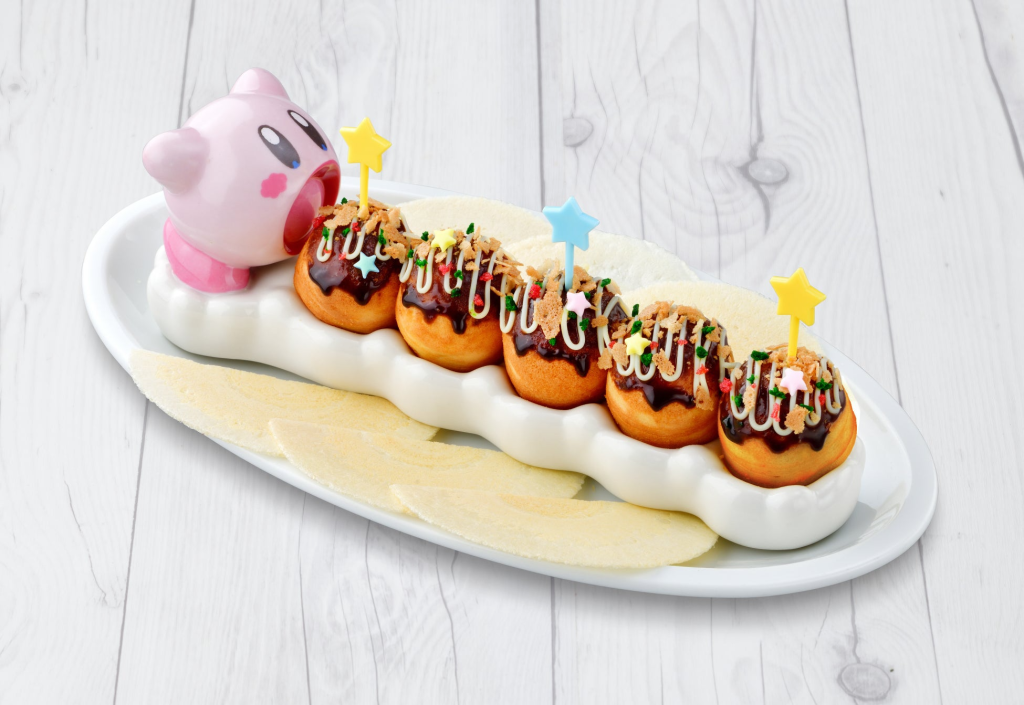 Kirby Cafe Osaka exclusive menu - Kirby inhaling Takoyaki-like petit cakes