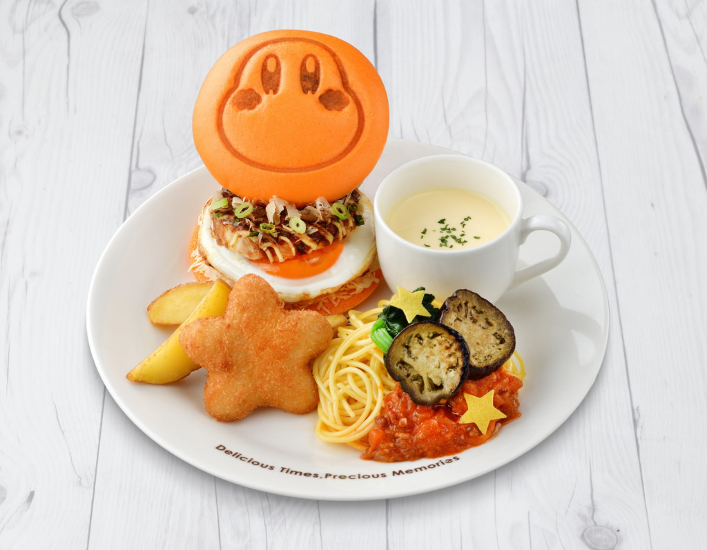 Kirby Cafe Osaka exclusive menu - Waddle Dee Okonomiyaki Burger and Meat Pasta