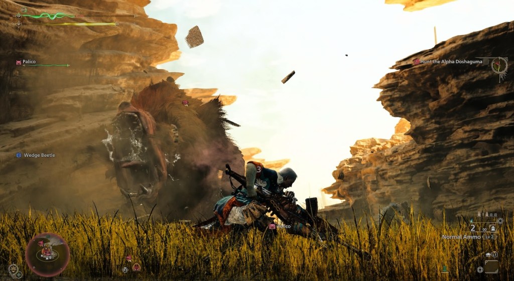 Hunter dashes to the right to avoid the Doshaguma during a hunt in Monster Hunter Wilds