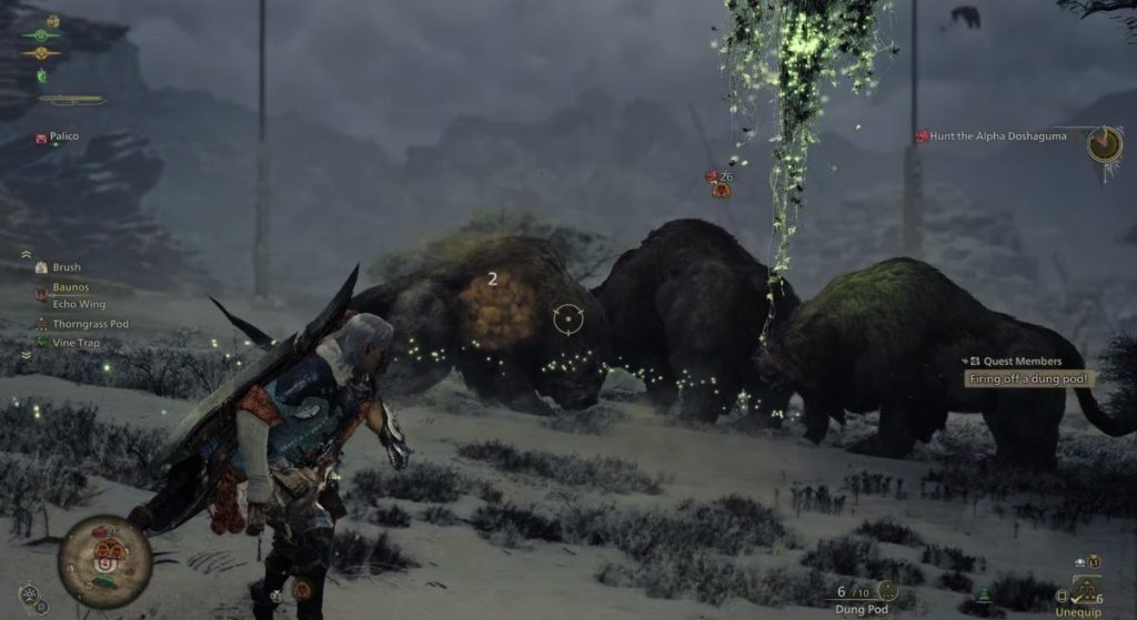 Hunter fires dung pods to Scatter the Doshaguma pack during a hunt