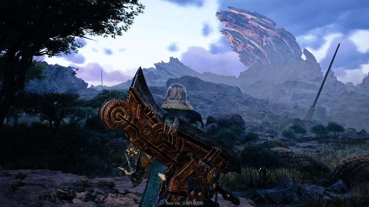 Panorama of the Windward Plains with a Hunter, weapon stowed looking over it in Monster Hunter wilds