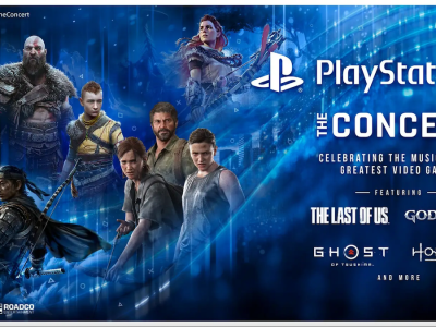 PlayStation Concert World Tour promo image, showing the franchises featured in the concert: God of War, Horizon, Ghost of Tsushima, and The Last of Us