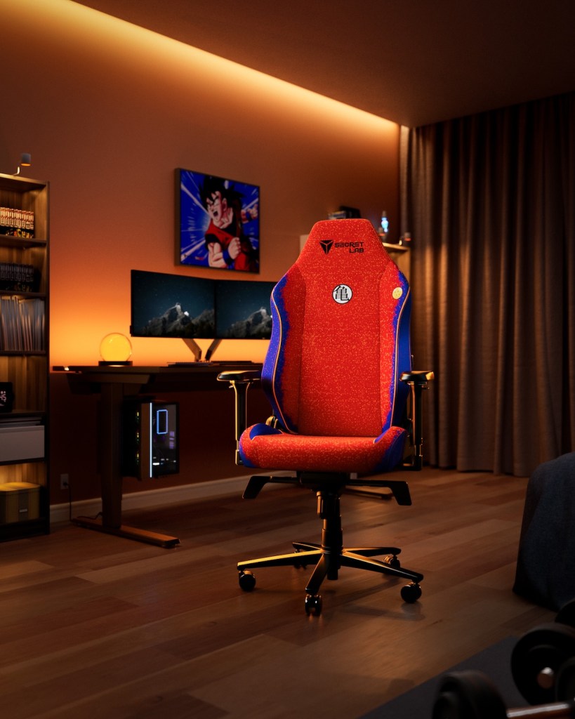 Goku Secretlab Chair in a media center environment with a picture of Goku hanging above the monitor