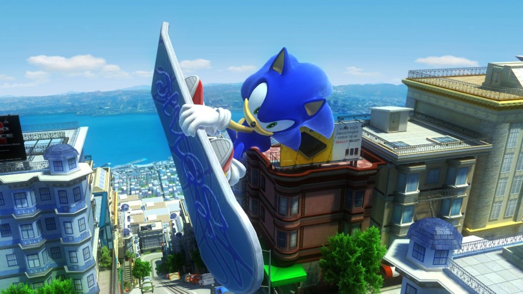 Sonic riding a board above a cityscape in the Sonic x Shadow Generations remaster of Sonic Generations