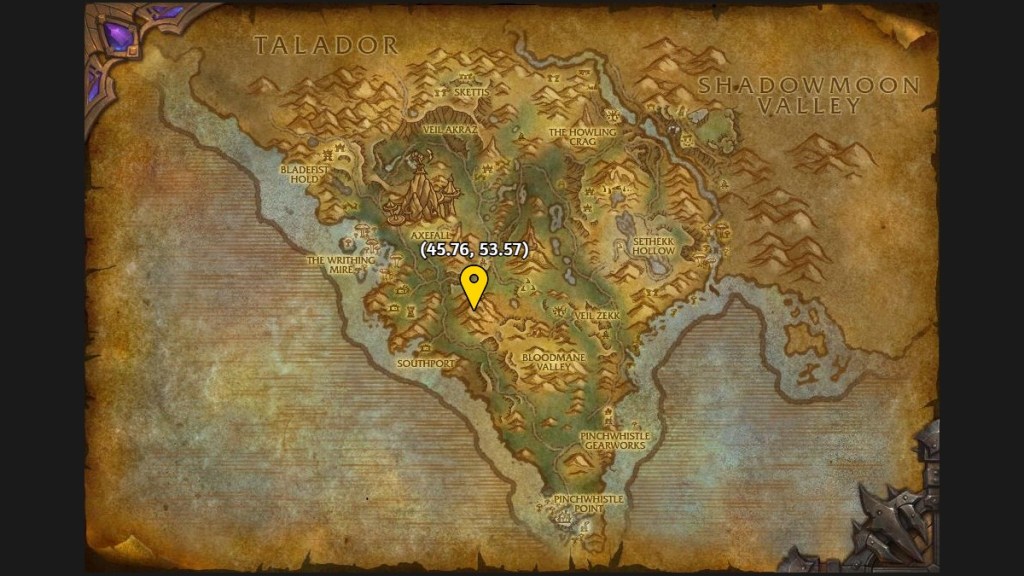 A map of Spires of Arak showing the location of a feather in WoW