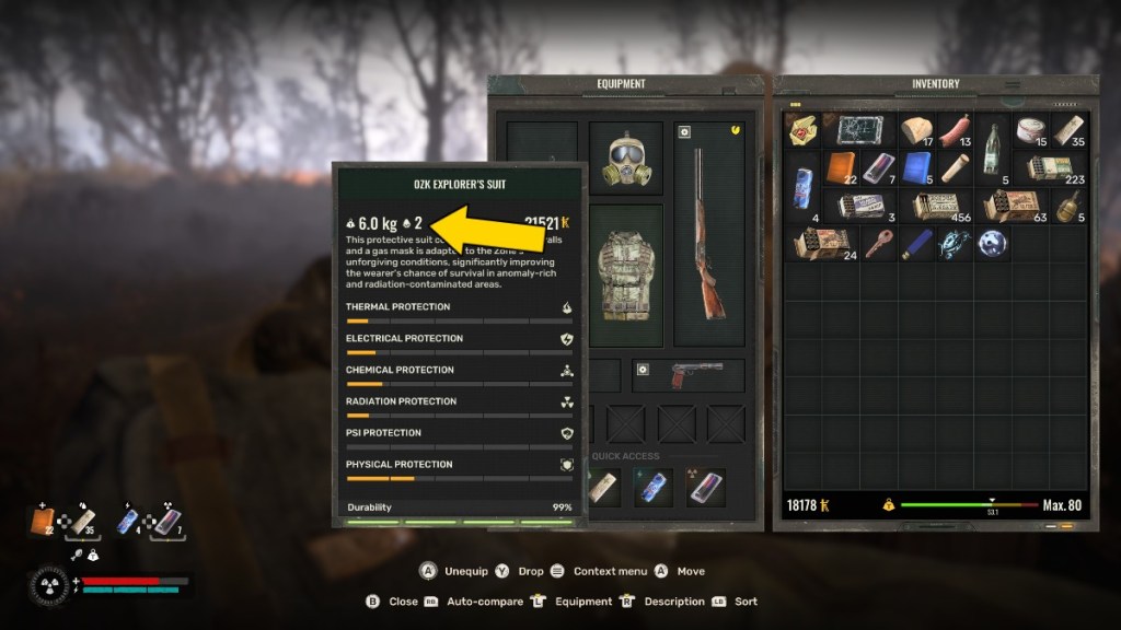 A screenshot of a player's inventory in Stalker 2 with a yellow arrow pointing to how many artifact slots a piece of gear has