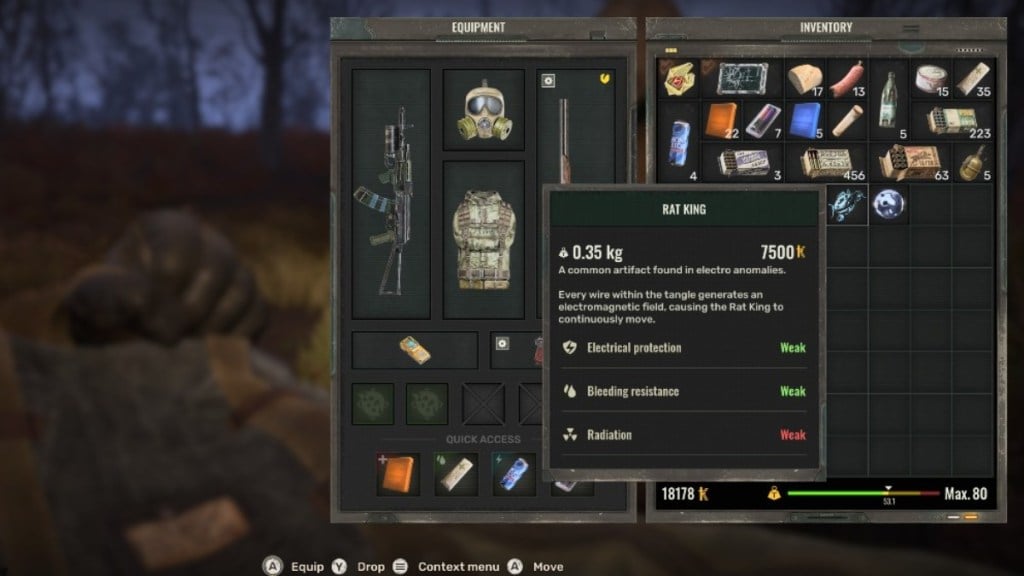 A screenshot of a player's inventory in Stalker 2 showing the Rat King artifact and its positive and negative effects