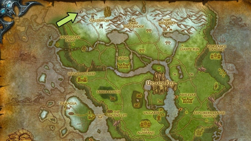 A map of Howling Fjord showing the location of the Battered Celebration Crate