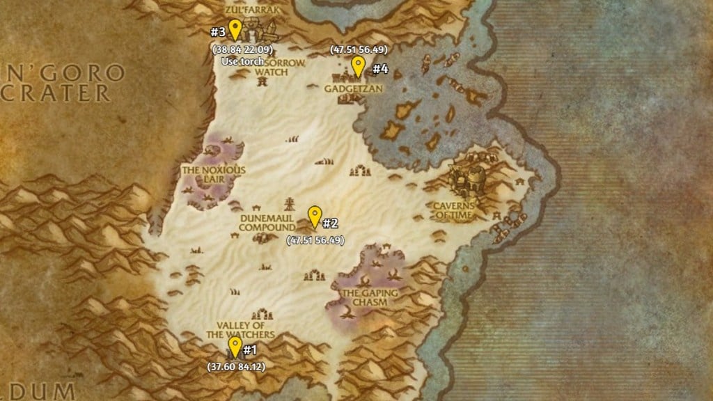 A map of Tanaris showing the location of every clue for the Buried Tweasure quest in WoW