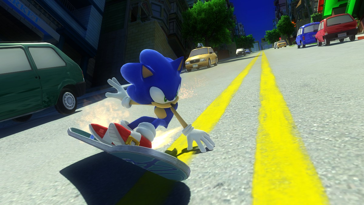 Sonic riding a board in Sonic Generation's City Escape level