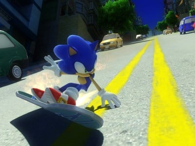 Sonic riding a board in Sonic Generation's City Escape level