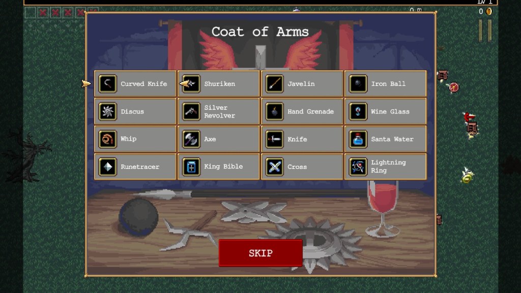 Selecting a Coat of Arms weapon in Vampire Survivors