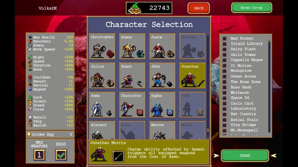 Jonathan Morris on the Vampire Survivors Character Selection screen