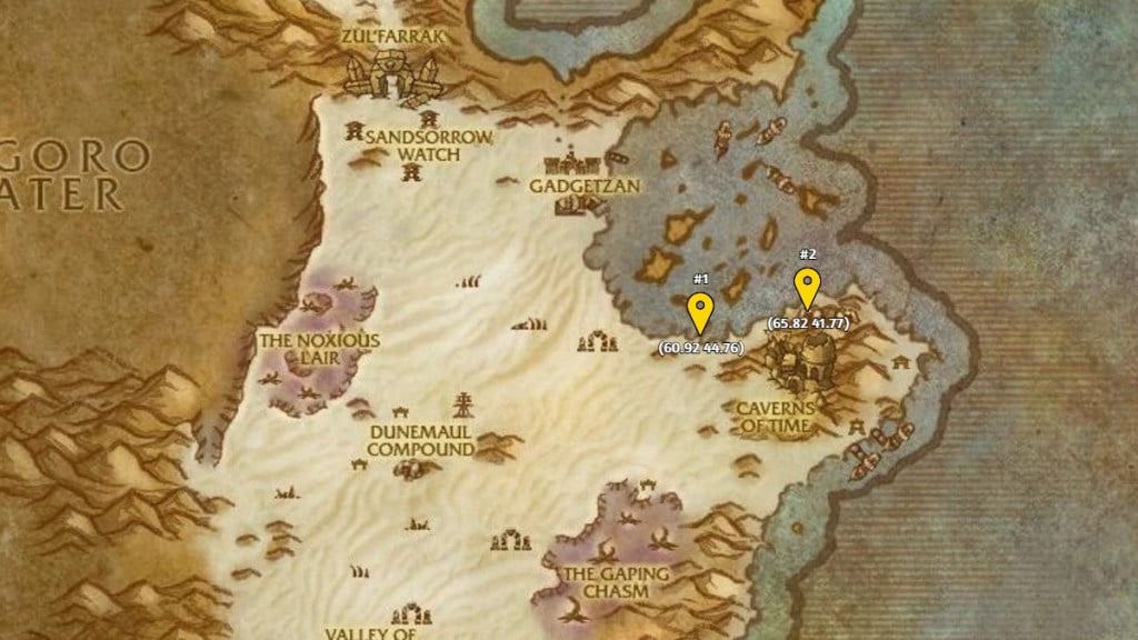 A map of Tanaris showing the final steps for the "A Surprising Investigation" quest