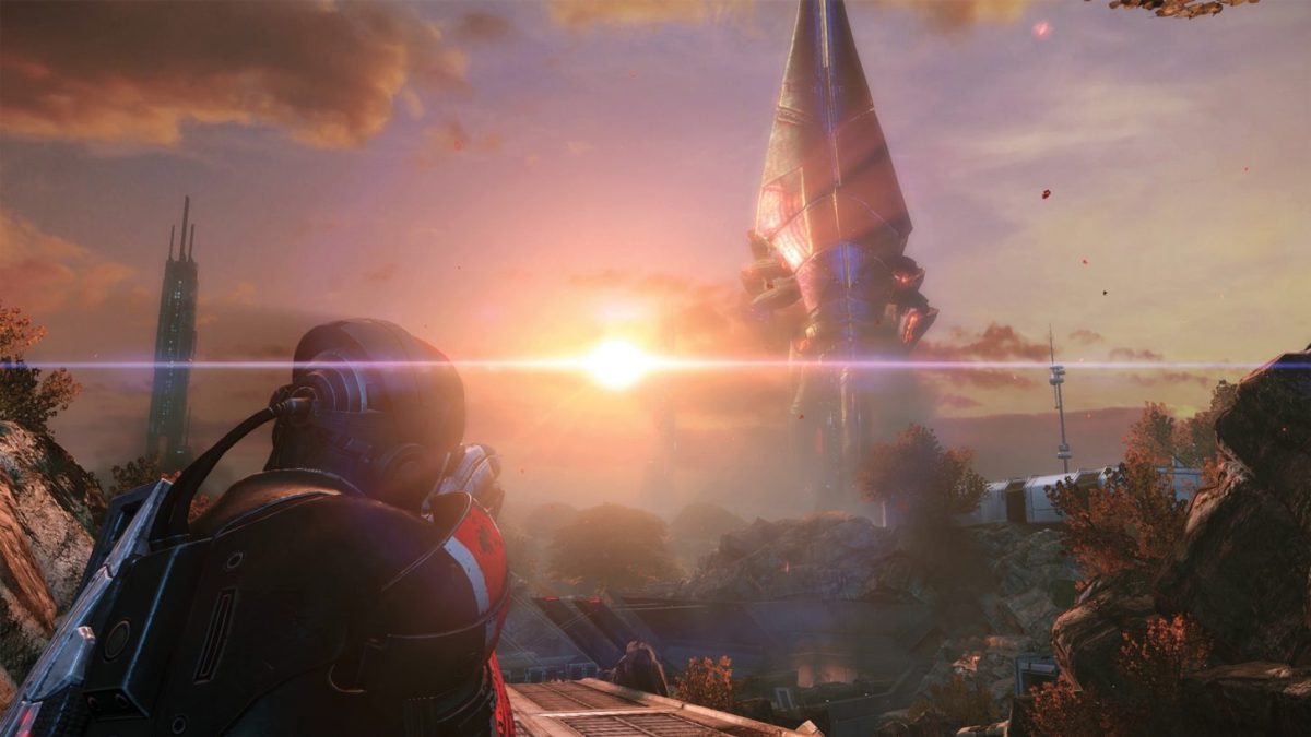 Screenshot of Mass Effect, Shepherd stares at a Reaper taking off.