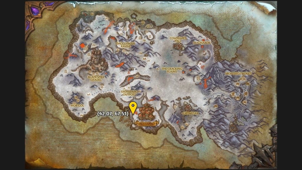 A map of Frostfire Ridge showing the location of the Normal Feather in WoW