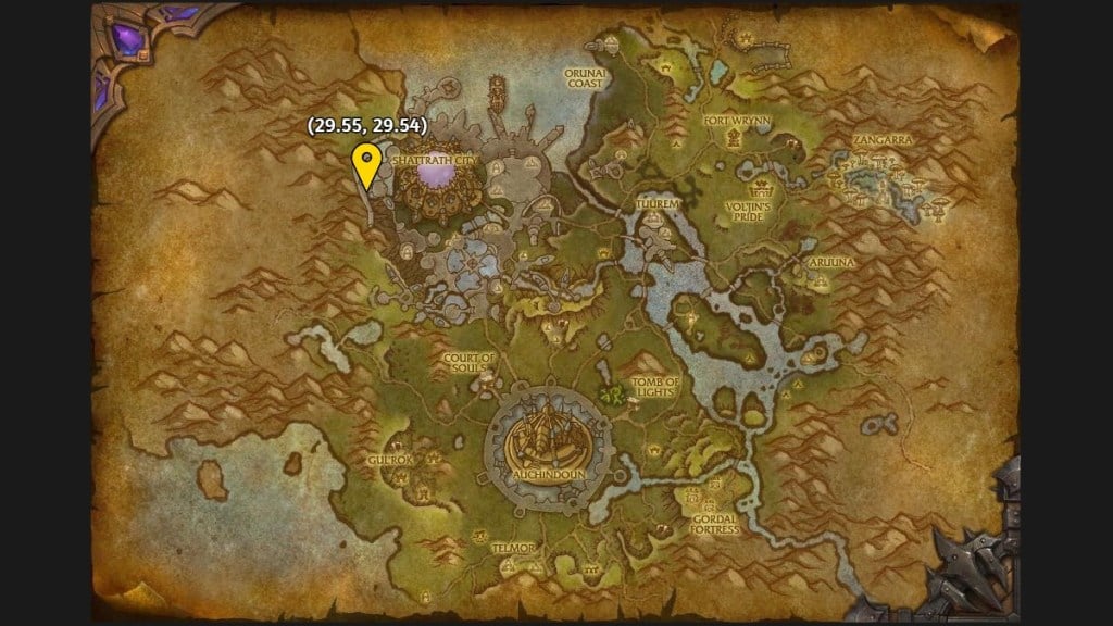 A map of Talador showing the location of the Plucked Feather in WoW