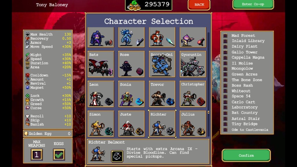 Richter Belmont on the Character Selection screen in Vampire Survivors