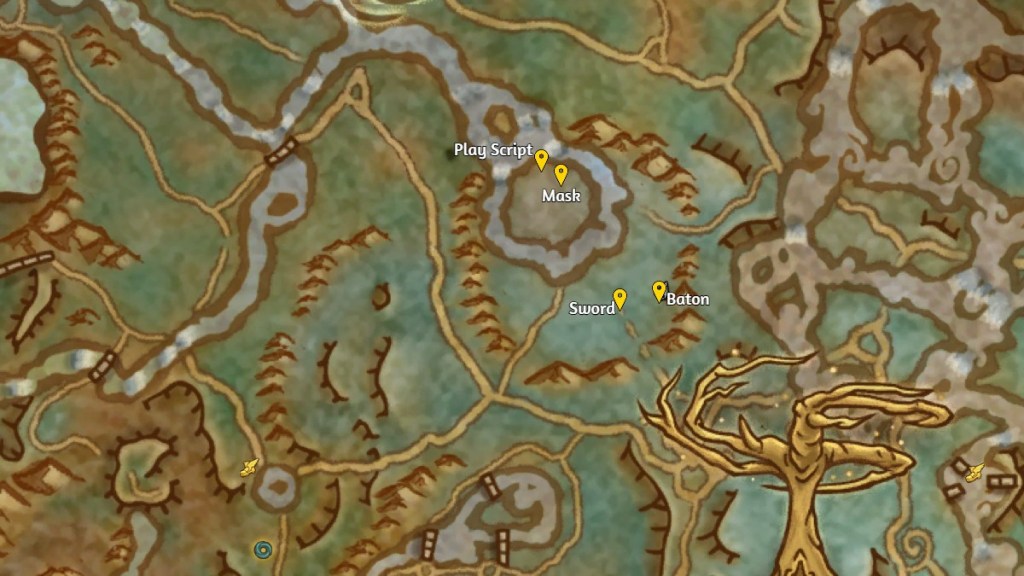 A map showing the locations of the missing props in The Show Must Go On Quest in WoW