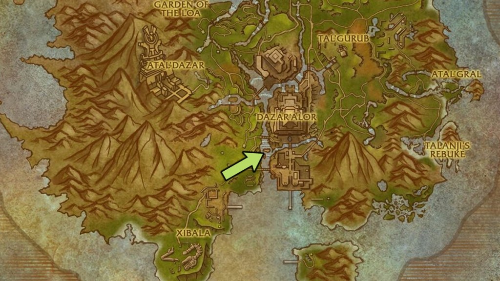 A map of Zuldazar showing the location of The Dive Bar and Soggy Celebration Crate