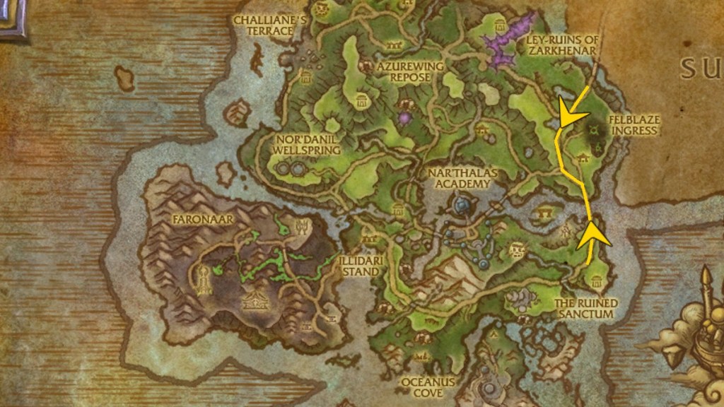 A map showing the path of the Wandering Merchant in Azsuna in World of Warcraft