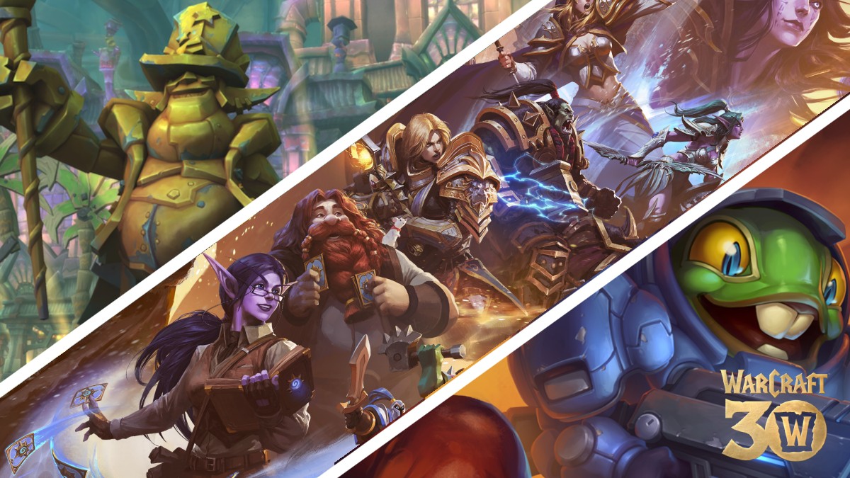 Warcraft 30th Anniversary compilation image, featuring The Undermine from TWW, 30th Anniversary key art, and a card from Hearthstone: Heroes of Starcraft