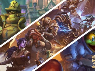 Warcraft 30th Anniversary compilation image, featuring The Undermine from TWW, 30th Anniversary key art, and a card from Hearthstone: Heroes of Starcraft