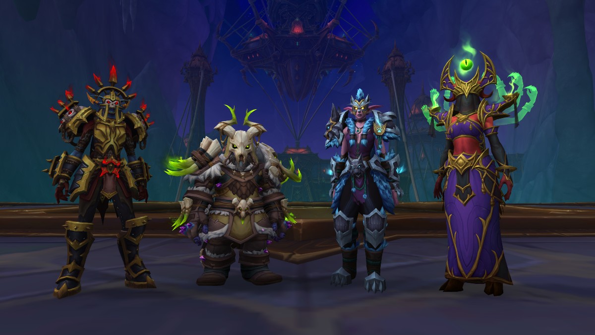 A Death Knight, Hunter, Druid, and Warlock wearing Season One The War Within tier sets standing in Nerub-ar Palace