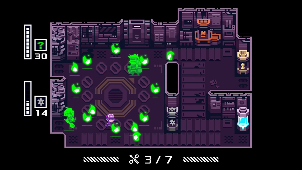 Awaria - A maintenance worker runs past some green flames to get to a broken generator. A green ghost is floating nearby.