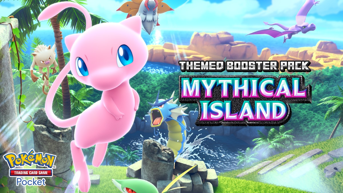 The key art for "Mythical Island" in Pokémon Trading Card Game Pocket. Mew is the focus of this image, with Mankey and Volcarona behind it. Gyarados is emerging from nearby water, and an Aerodactyl is swooping by.