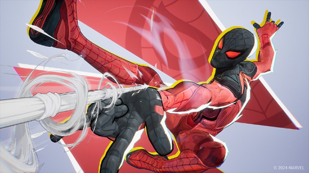 Spider-Man in the free Scarlet Spider suit striking a pose while shooting a web