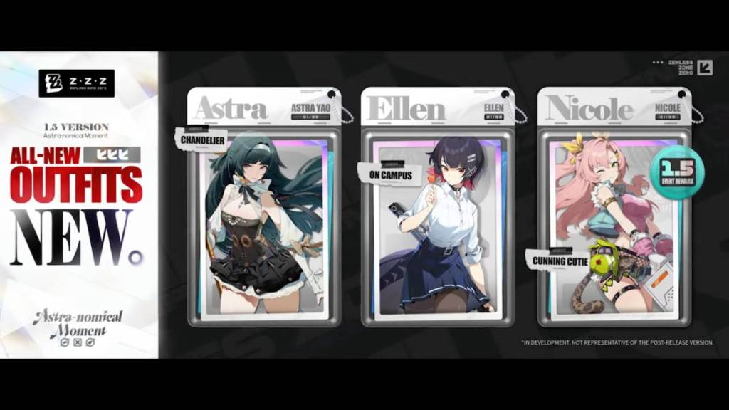 Astra and Evelyn are the new Zenless Zone Zero characters, and the costumes are new outfits for Astra, Ellen, and Nicole.