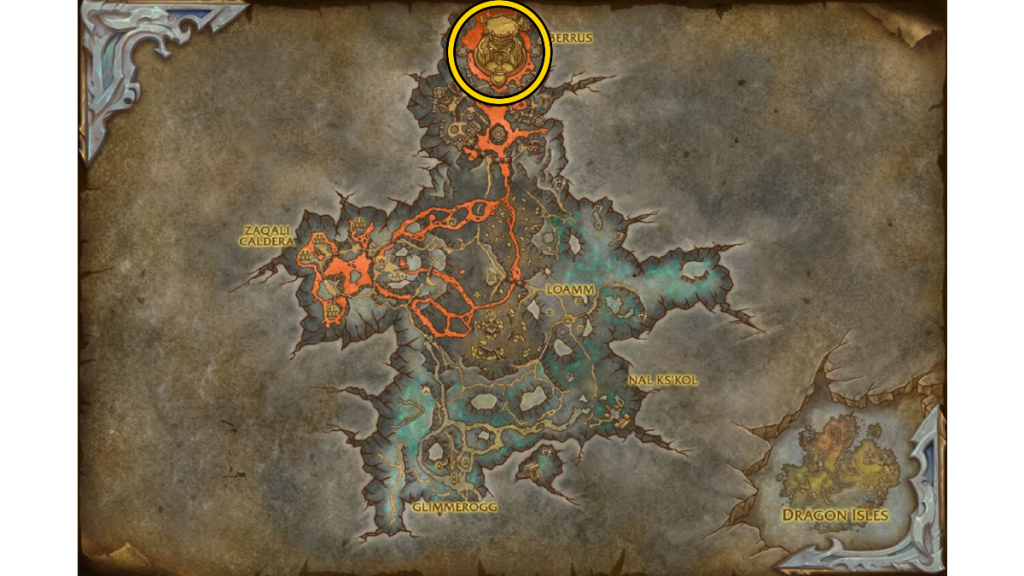 A map of Zaralek Cavern in WoW with Aberrus circled