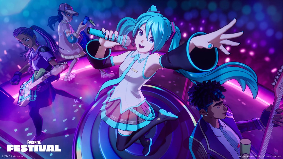 Hatsune Miku taking the stage in Fortnite Festival