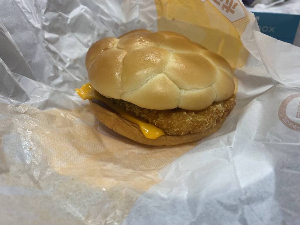 Hashbrown & Beef Burger with Garlic Mayo, unwrapped.