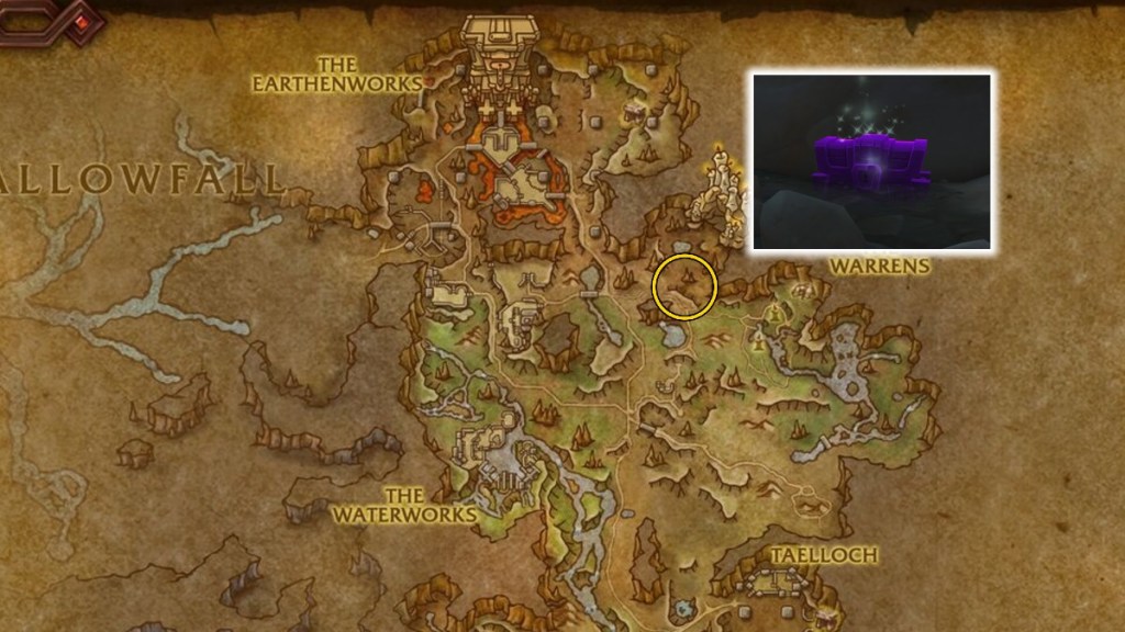 A map of The Ringing Deeps in WoW showing the location of the Scary Dark Chest