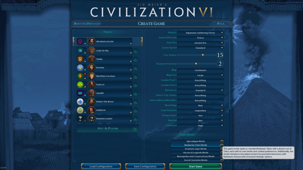 Civilization VI map options