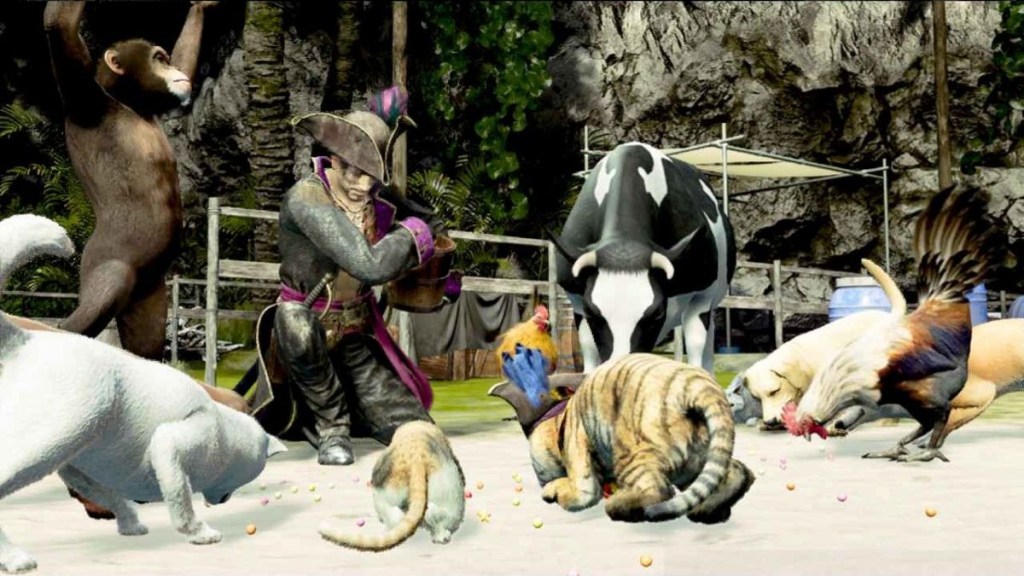 Goro Majima dressed like a pirate feeding the pets of the Goro Kingdom in Like A Dragon: Pirate Yakuza in Hawaii