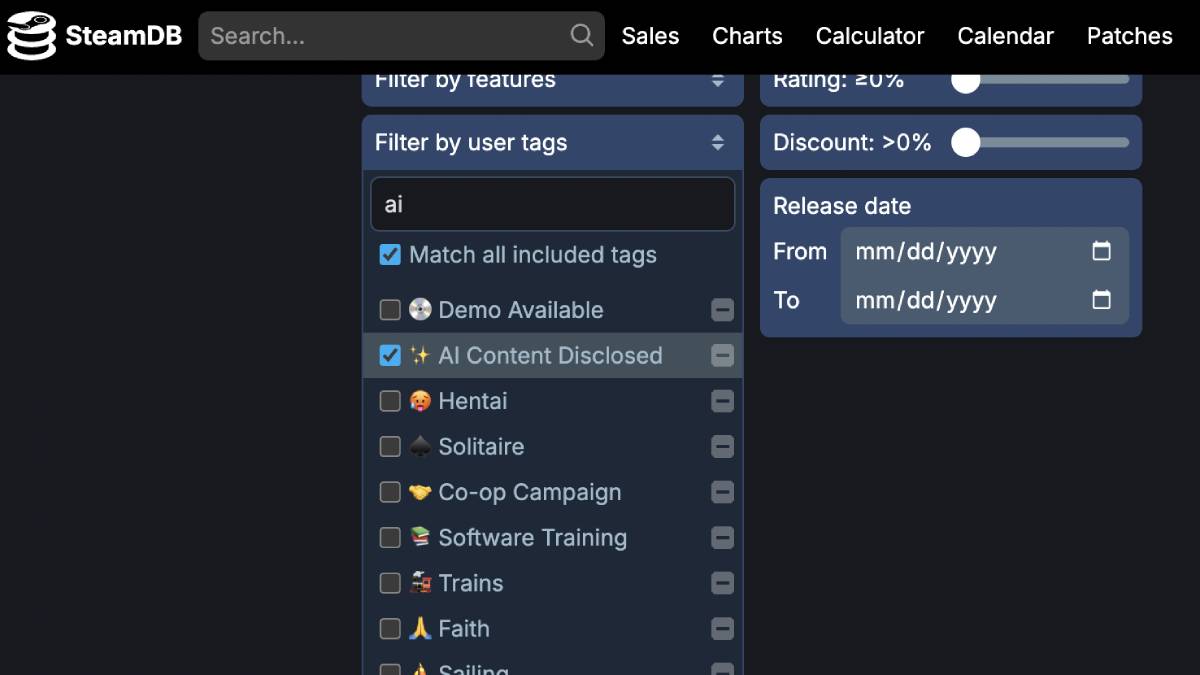 SteamDB Let’s You Filter Out Gen AI PC Games on Steam